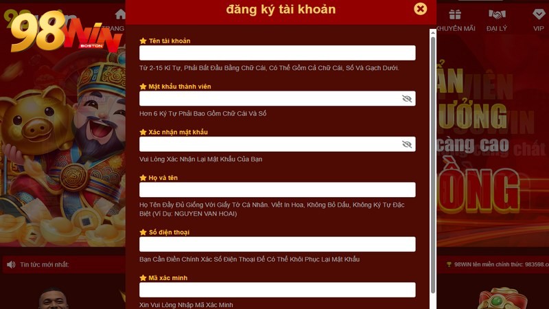 Hướng dẫn đăng ký 98WIN bao gồm 4 bước rất đơn giản