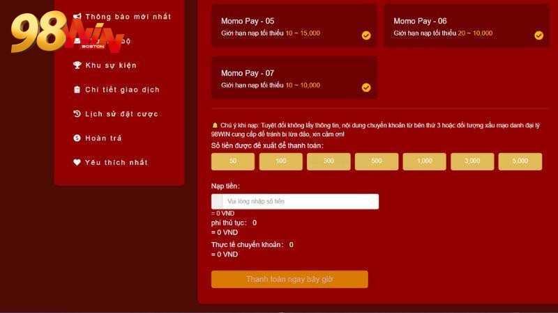 Momo Pay là hình thức nạp tiền 98WIN phổ biến.